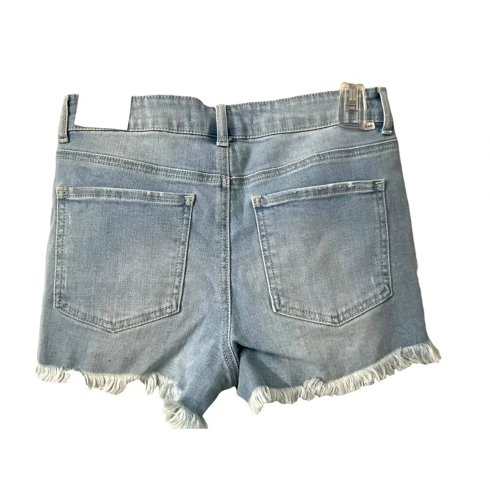 Enjean Womens High‎ Rise Distressed Denim Shorts Light Wash Frayed Hem Size M